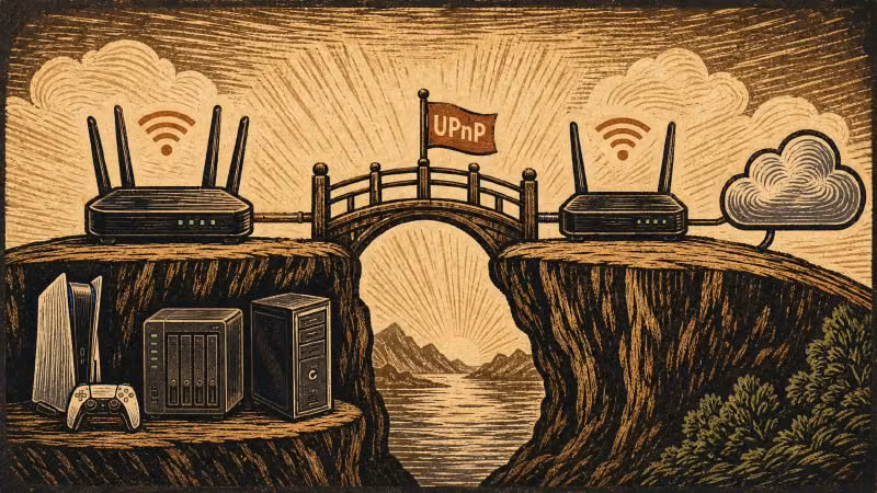 封面图:版画风格,一座小桥连接两台路由器,左边的路由器下面画着 PS5/游戏机/NAS,右边的路由器连着互联网云朵图标,桥上有 UPnP 字样的小旗子,木刻版画的线条质感和纹理,整体色调温暖复古,适合技术博客封面